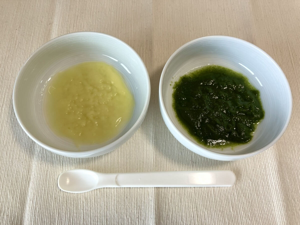なめらかキューブ（ほうれん草と小松菜・おいも）を温めた様子